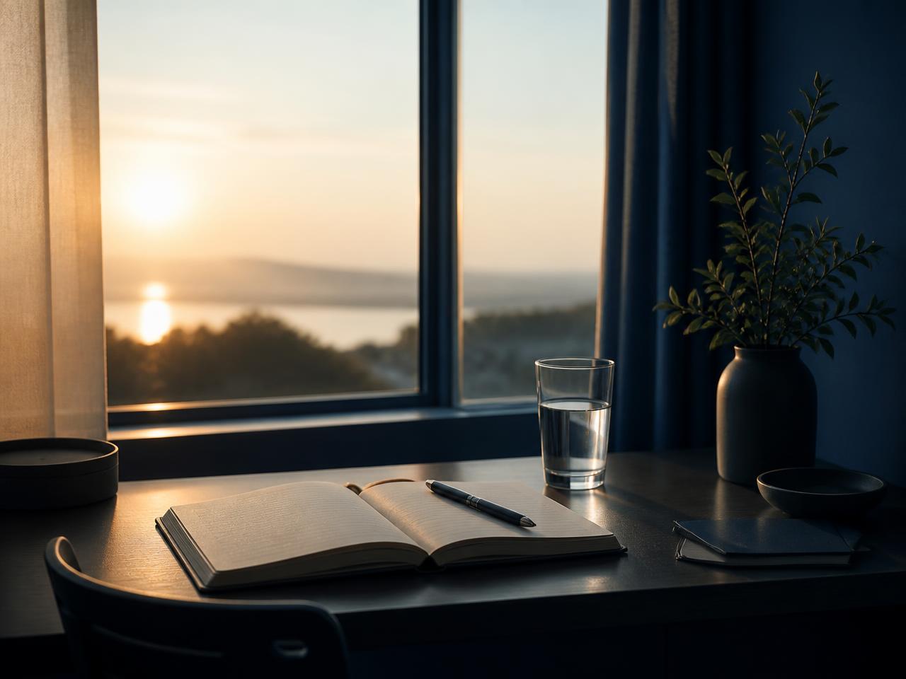 A quiet desk with an open notebook and glass of water at sunrise